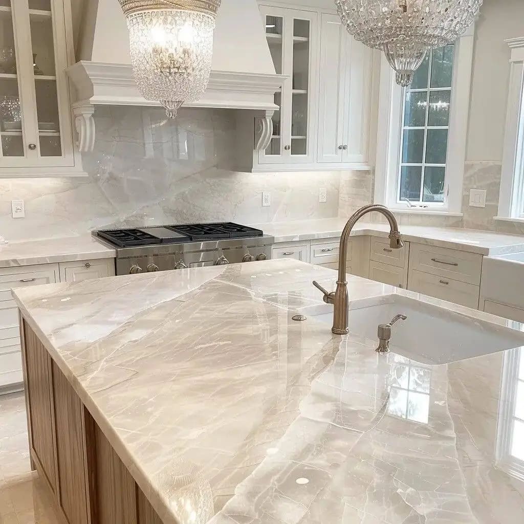 Detail of a gold faucet against tile in a finished kitchen