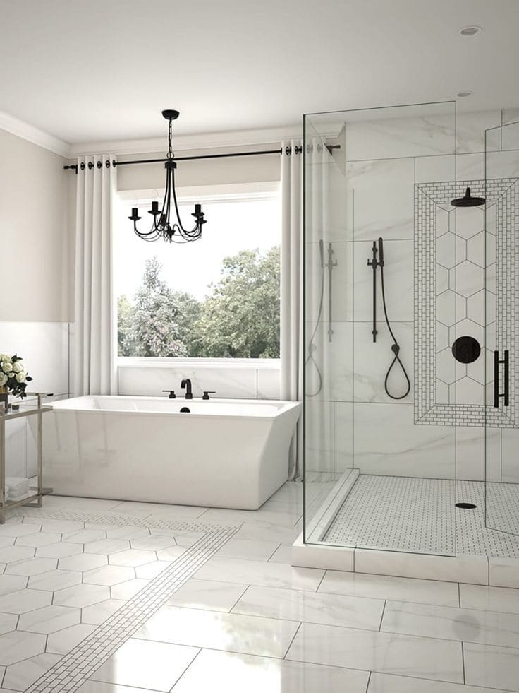 Bathroom remodel: black fixtures hex accent