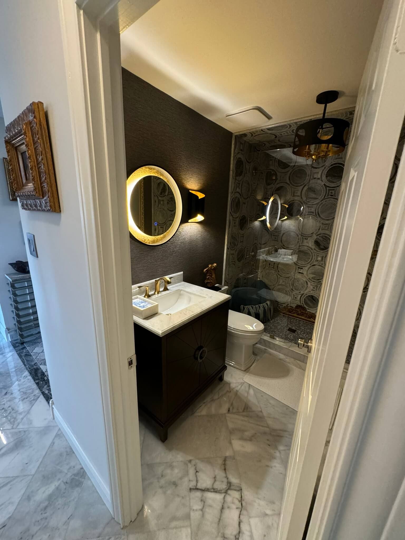 Bathroom remodel: charcoal bath vanity doorway