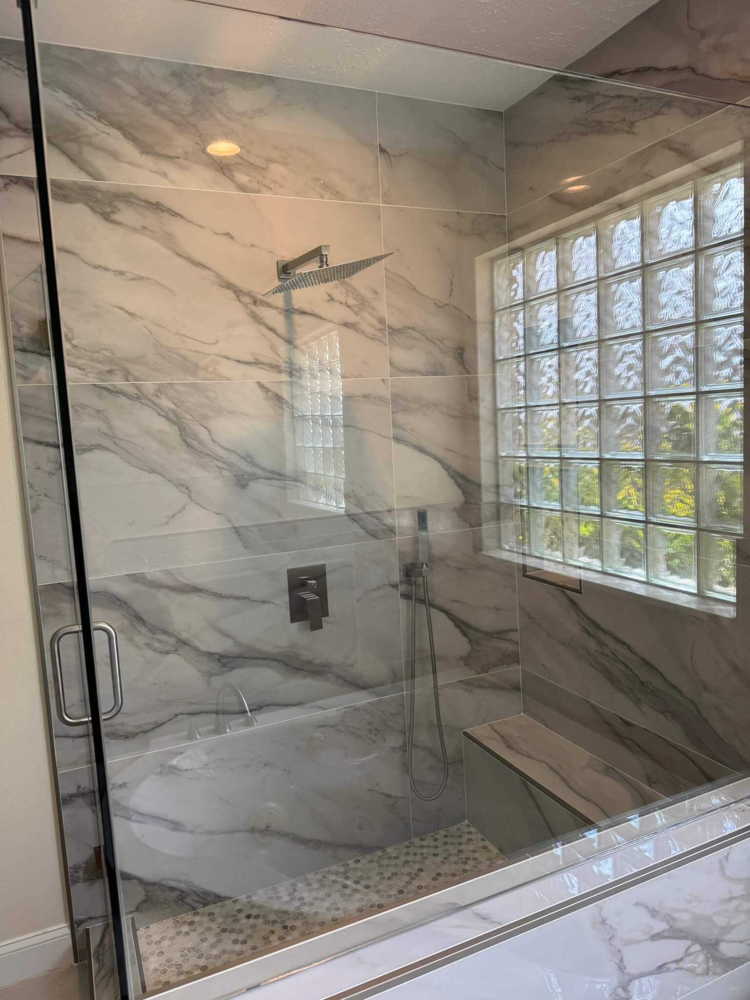 Bathroom remodel: glass block pebble shower
