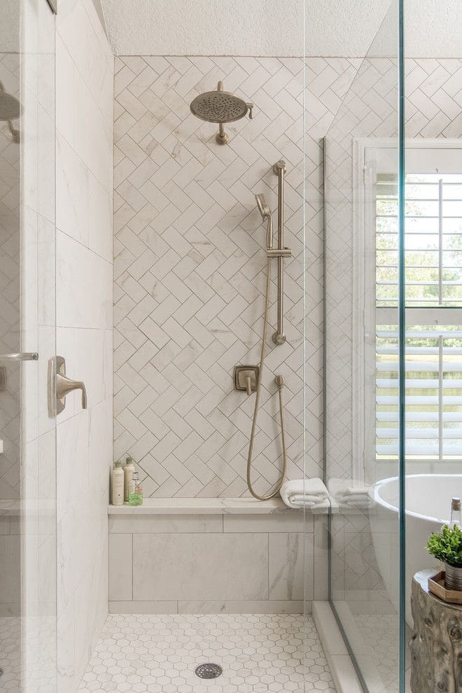 Bathroom remodel: herringbone shower hex floor