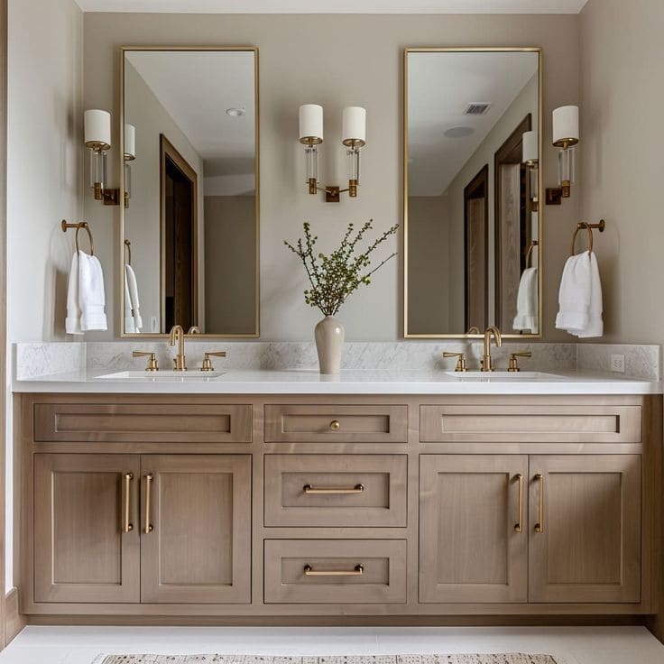 Bathroom remodel: light wood vanity gold mirrors