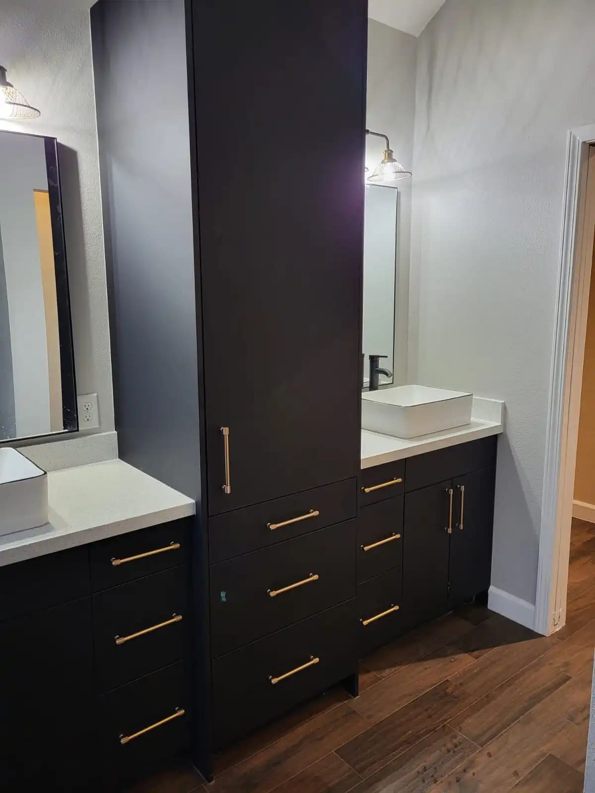 Bathroom remodel: navy vanity gold pulls