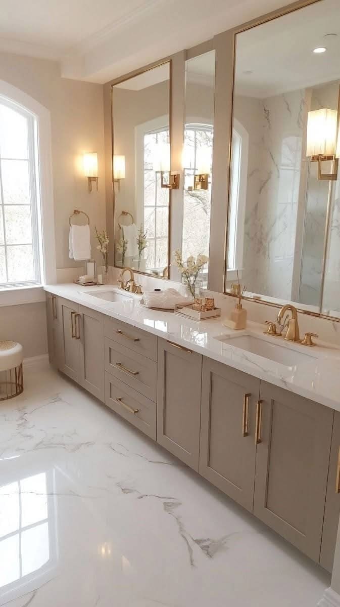 Bathroom remodel: taupe vanity marble floor