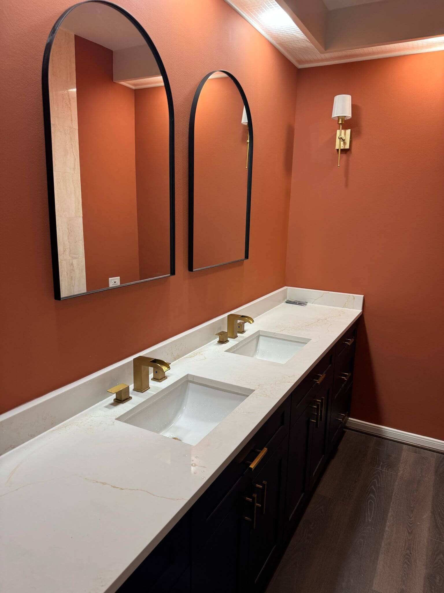 Bathroom remodel: terracotta wall double vanity