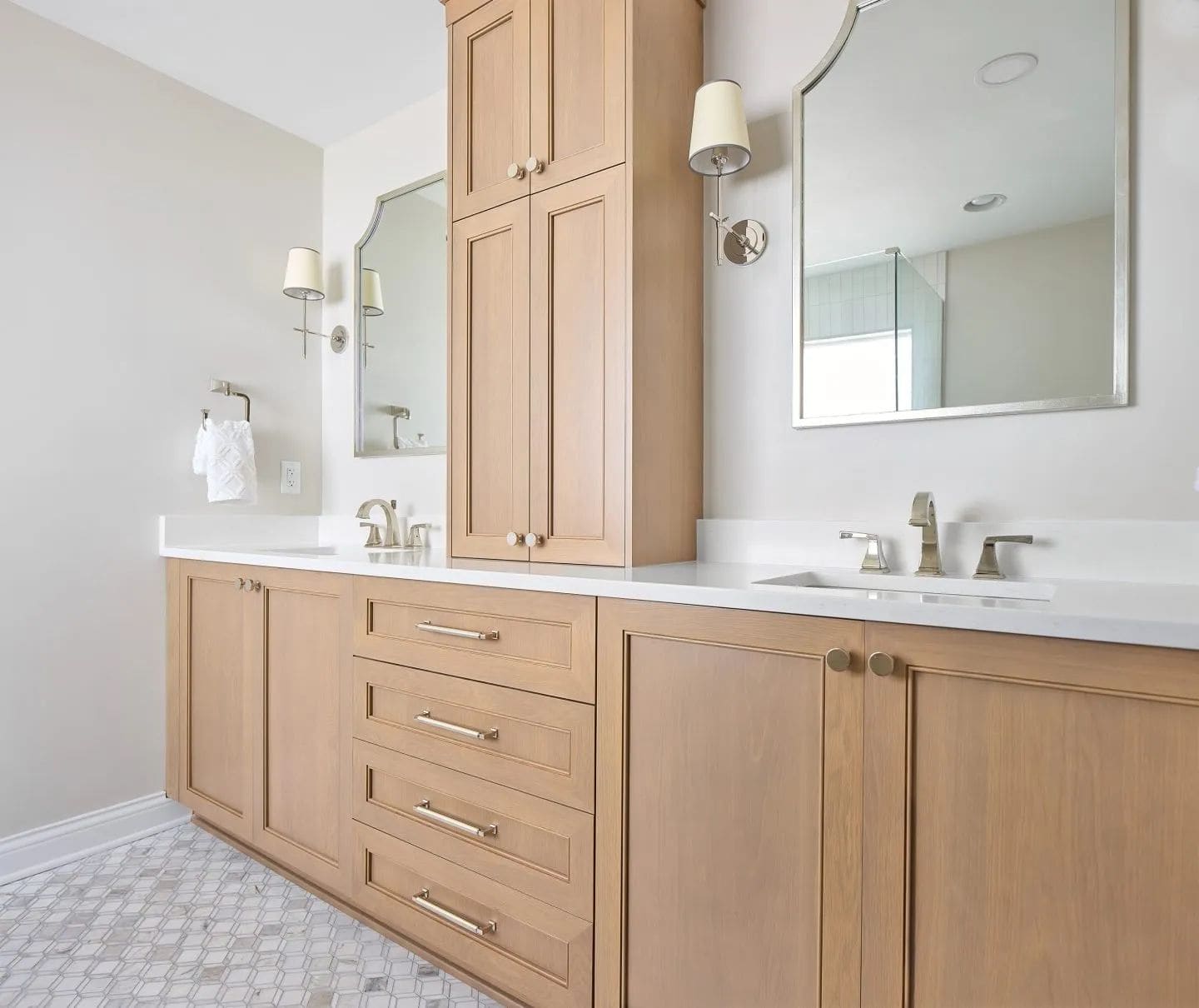 Bathroom remodel: vanity linen cabinet mosaic floor
