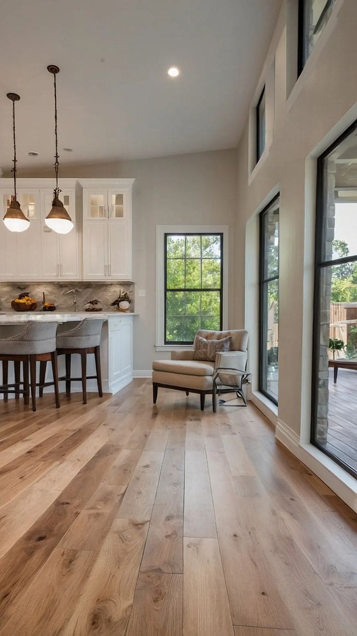 Flooring: plank floors black windows