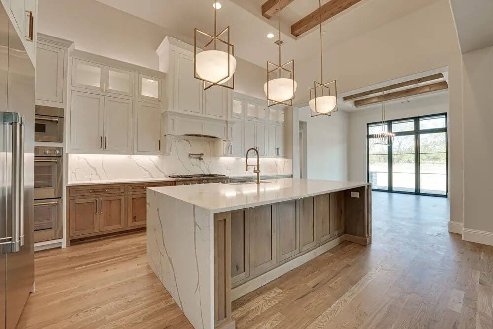 Kitchen remodel: lantern pendants beamed kitchen