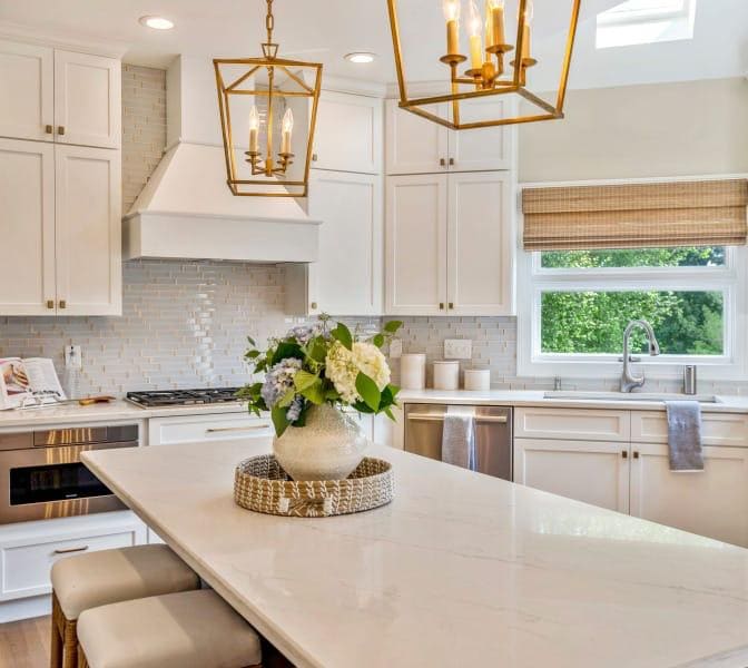 Kitchen remodel: quartz island woven shades