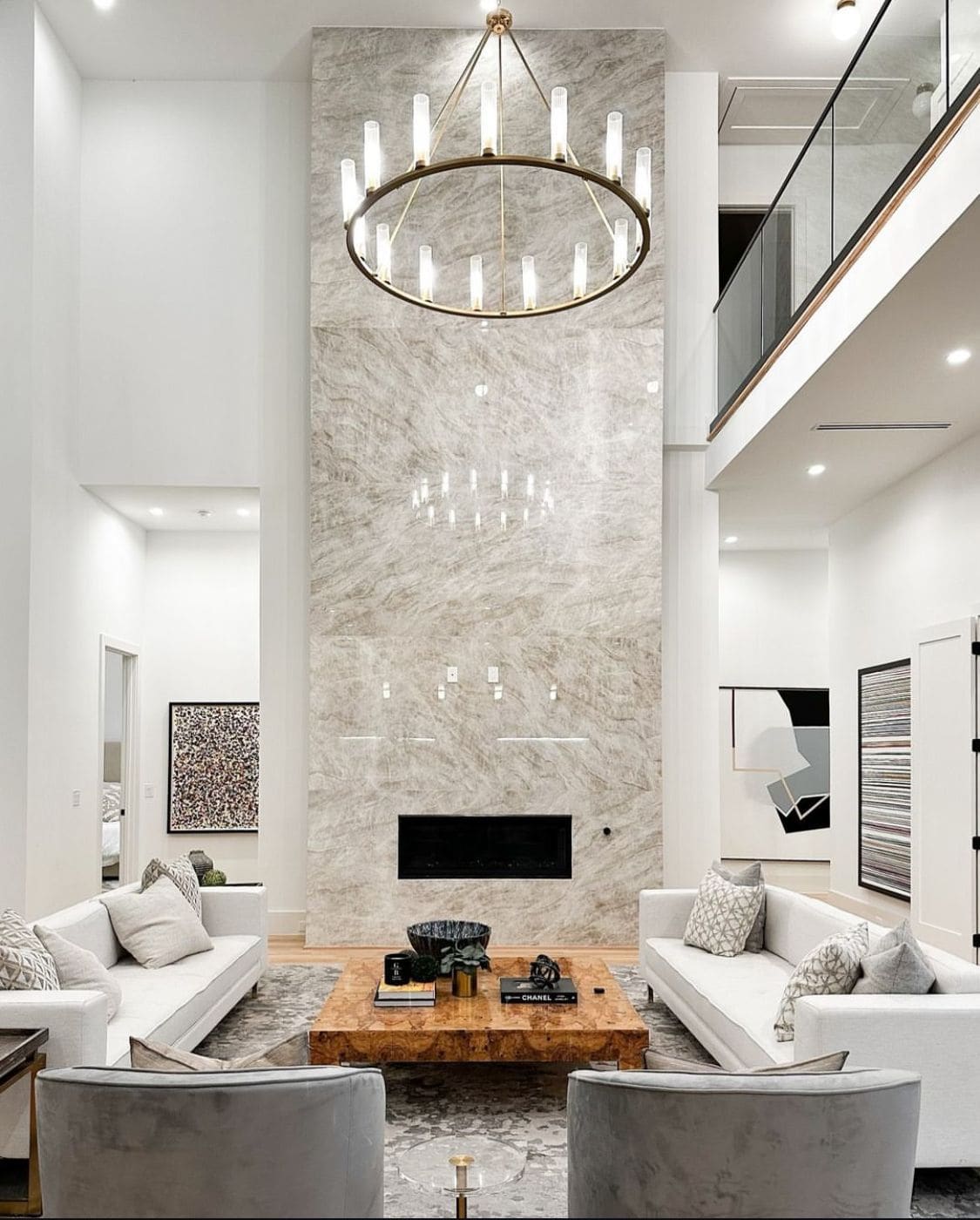 Tile fireplace: double height marble