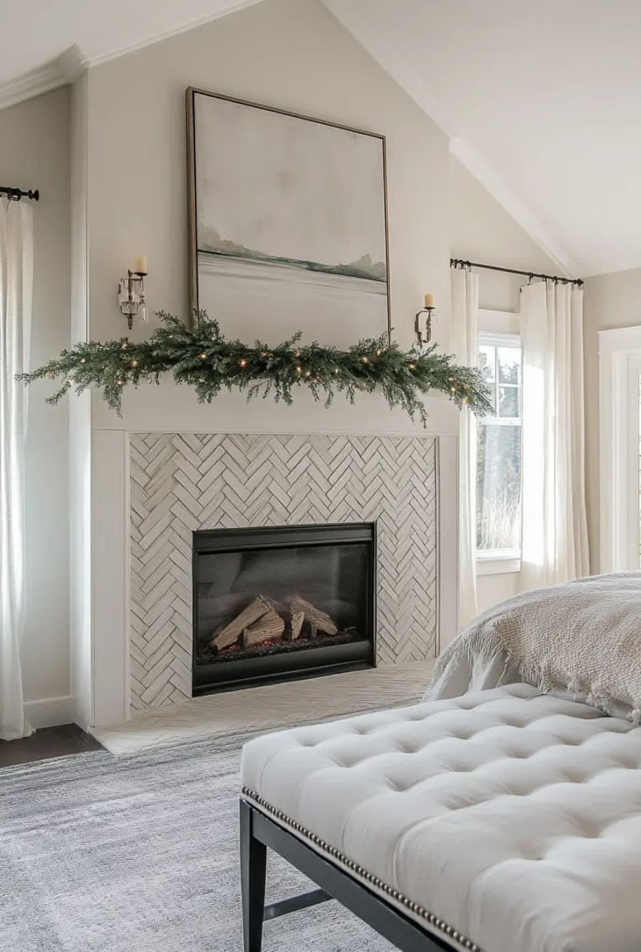 Tile fireplace: herringbone garland mantel
