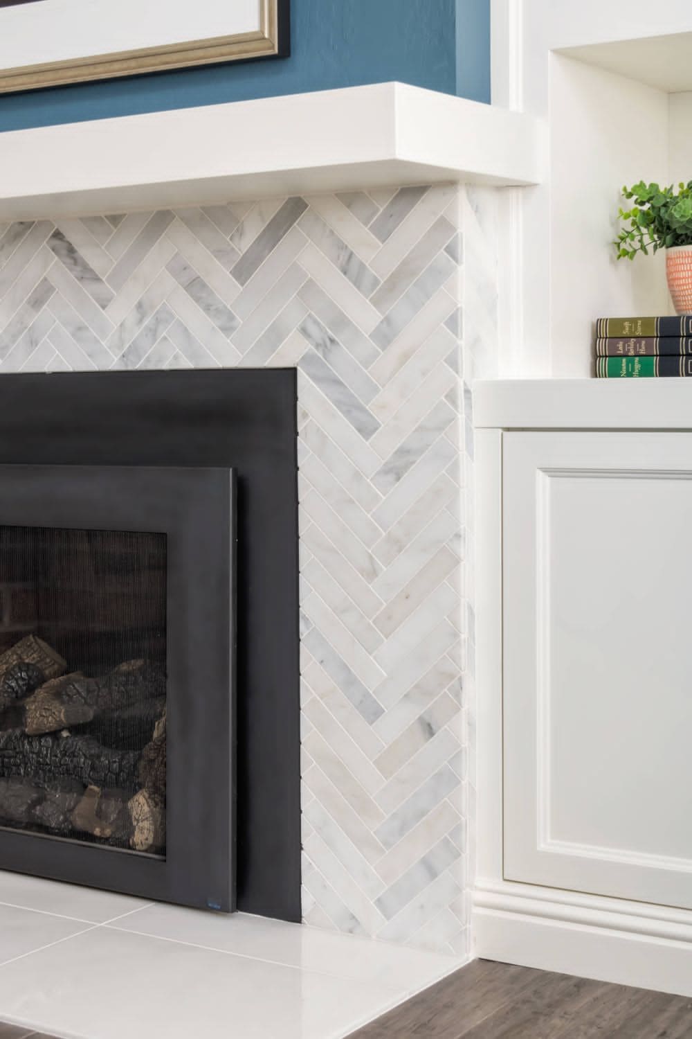Tile fireplace: herringbone surround mantel