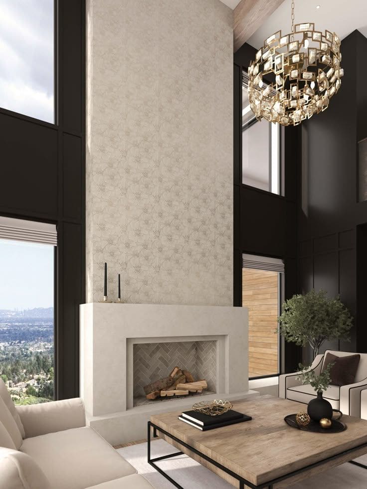 Tile fireplace: tall stone great room