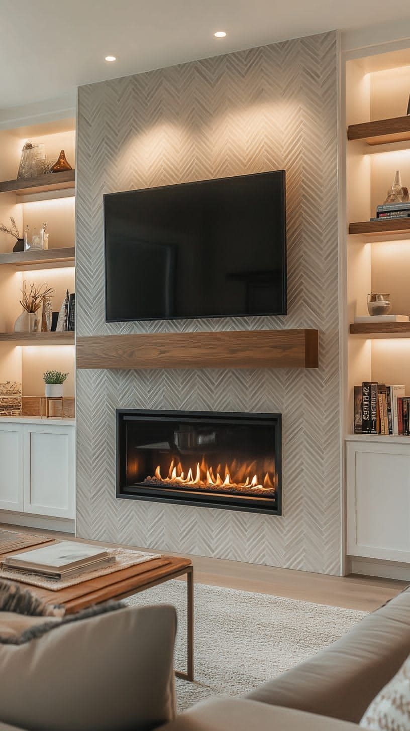 Tile fireplace: tile surround lit shelving