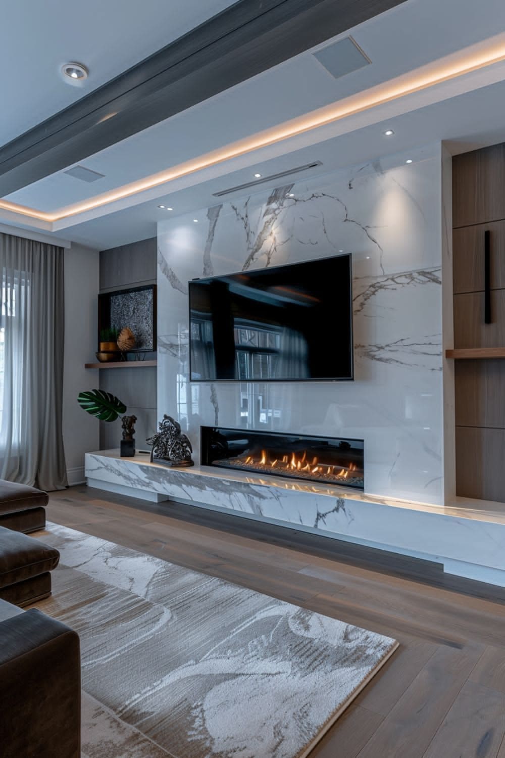 Linear marble fireplace wall in a modern living room