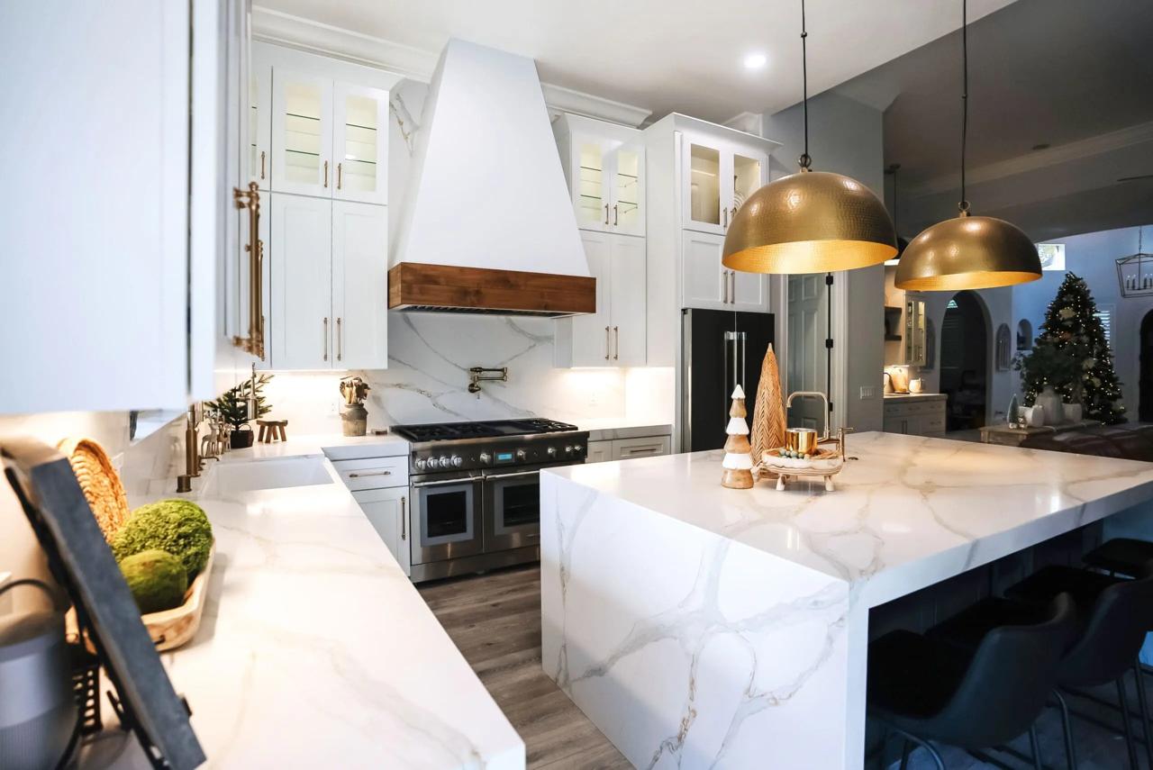 Kitchen remodel: brass dome waterfall island