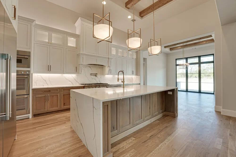 Kitchen remodel: lantern pendants beamed kitchen