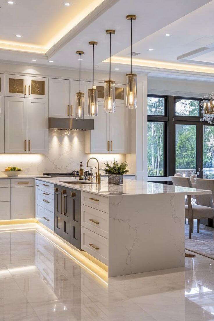 Kitchen remodel: lit island gold glass pendants