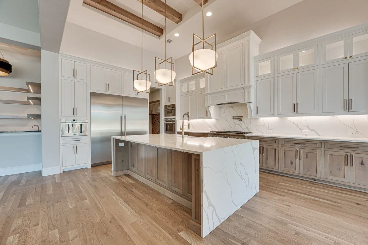Kitchen remodel: vaulted waterfall island